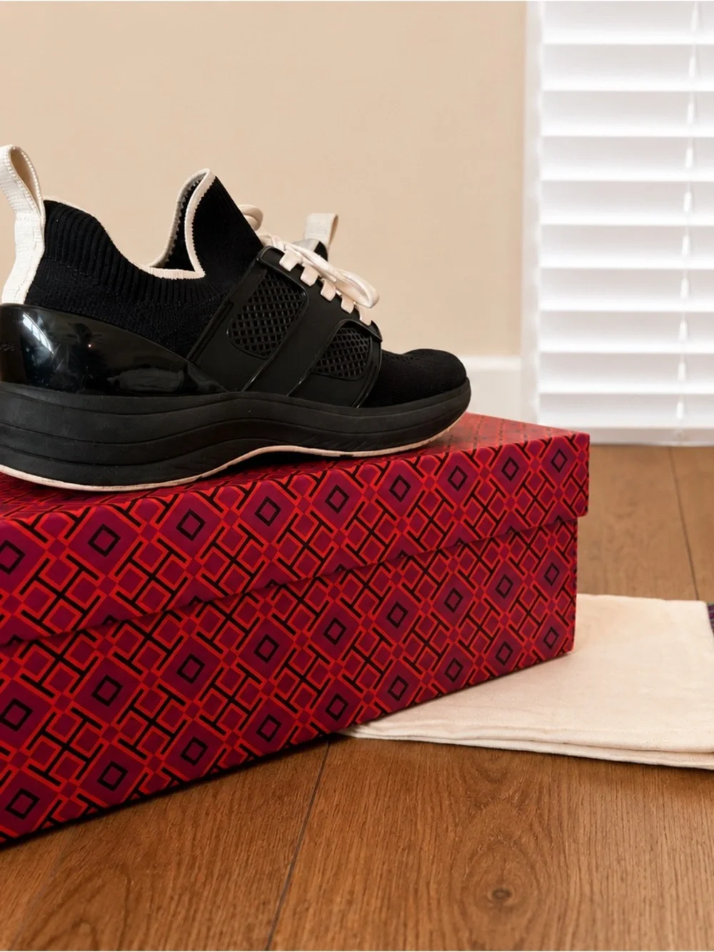 Tory Burch Black Knit Lace-Up Sneakers with White Accents